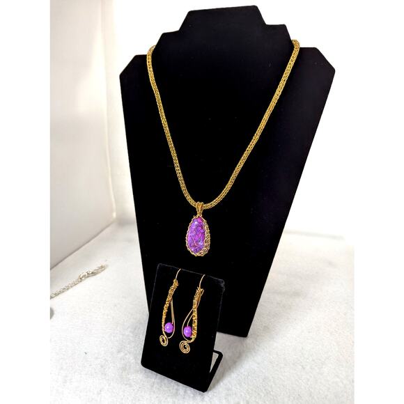 Purple copper stone pendant Wire wrapped Viking knit Hook clasp chain +earrings - Picture 4 of 6